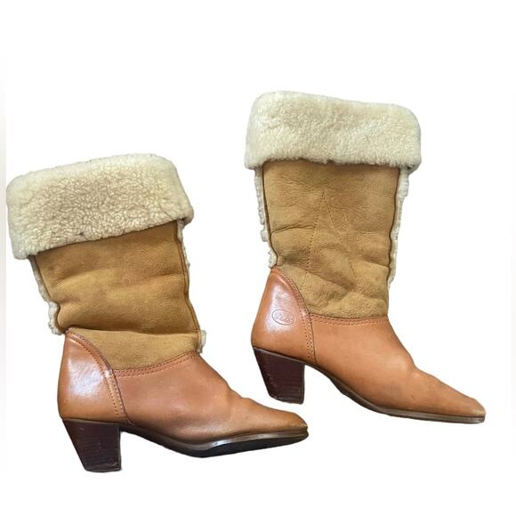 Vintage 70s Bass Brown Leather Shearling Interior Heeled Boot Boho Snow size 8 - Picture 2 of 11